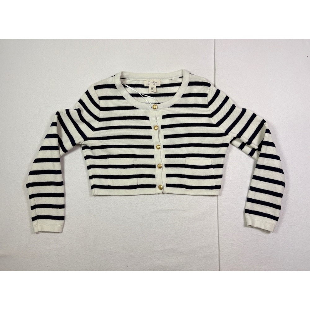 Jessica Simpson Womens Navy White Striped Cropped Cardigan Sweater Gold Buttons